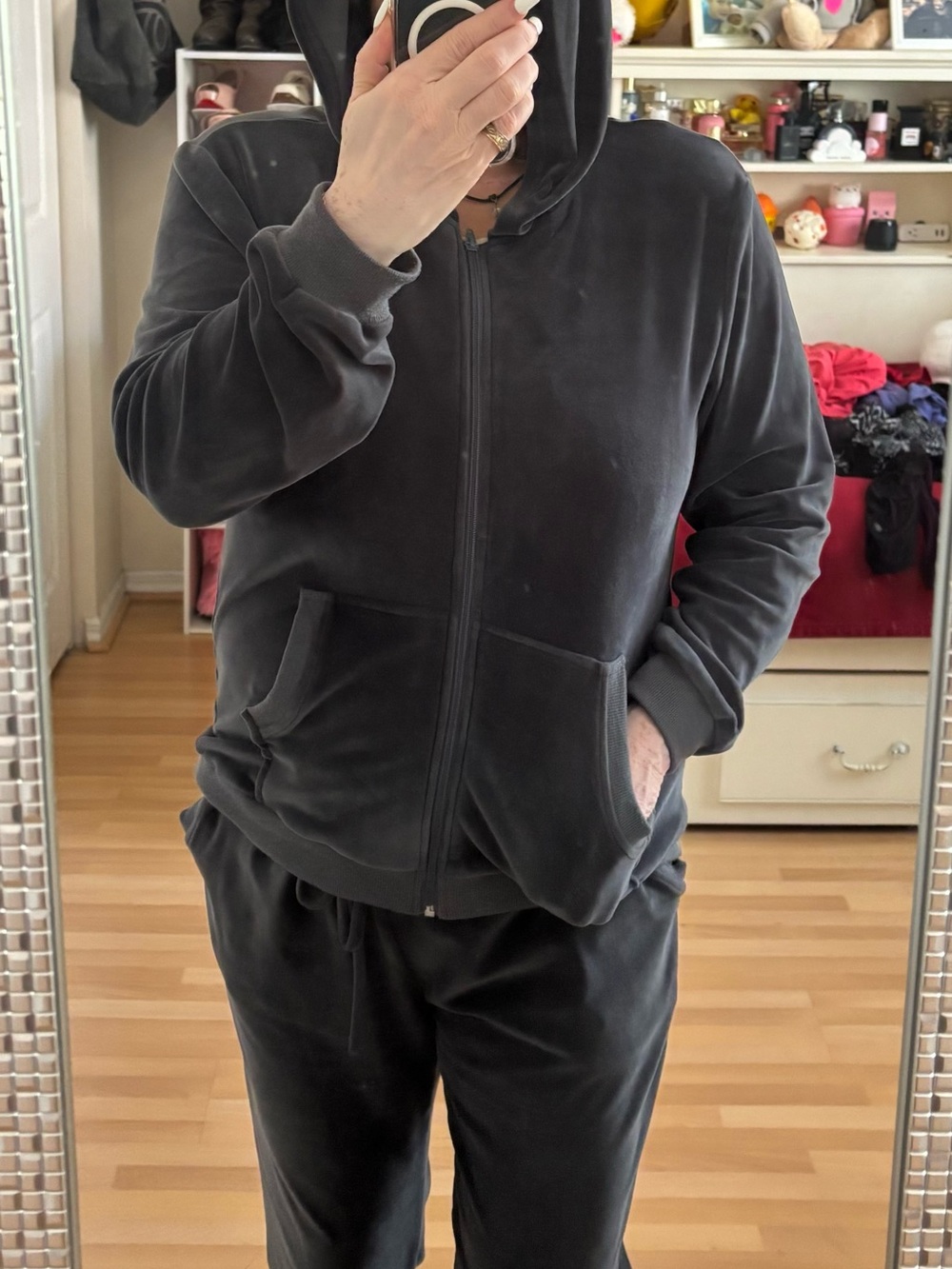 Hotouch Women's Grey Velour L 2-Piece Full Zip Hooded Sweatsuit Pockets.